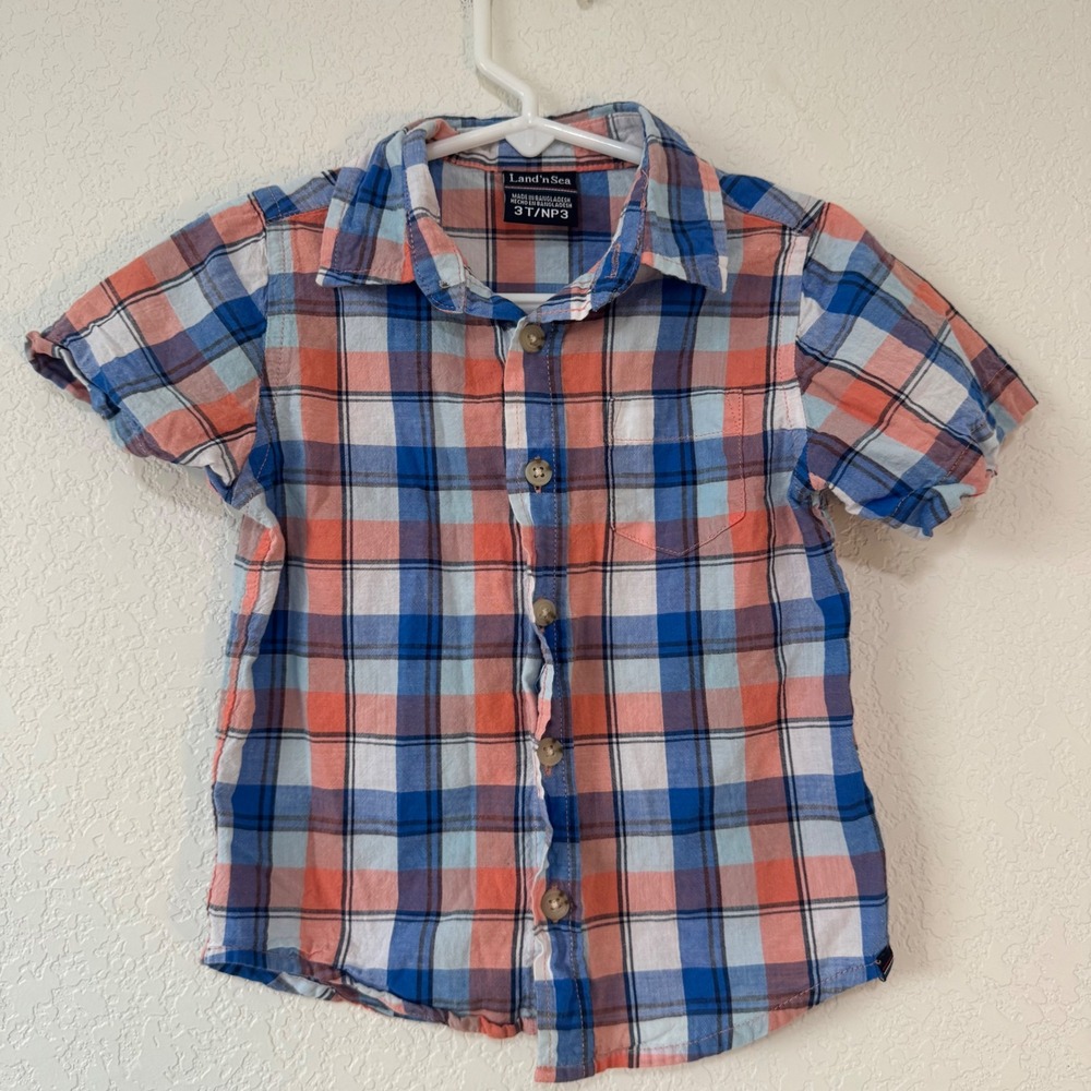 Land N Sea Kids Plaid Button Up Shirt Orange Blue White Size 3T